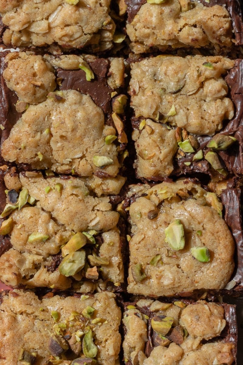 Close up of the pistachio oatmeal fudge bars.