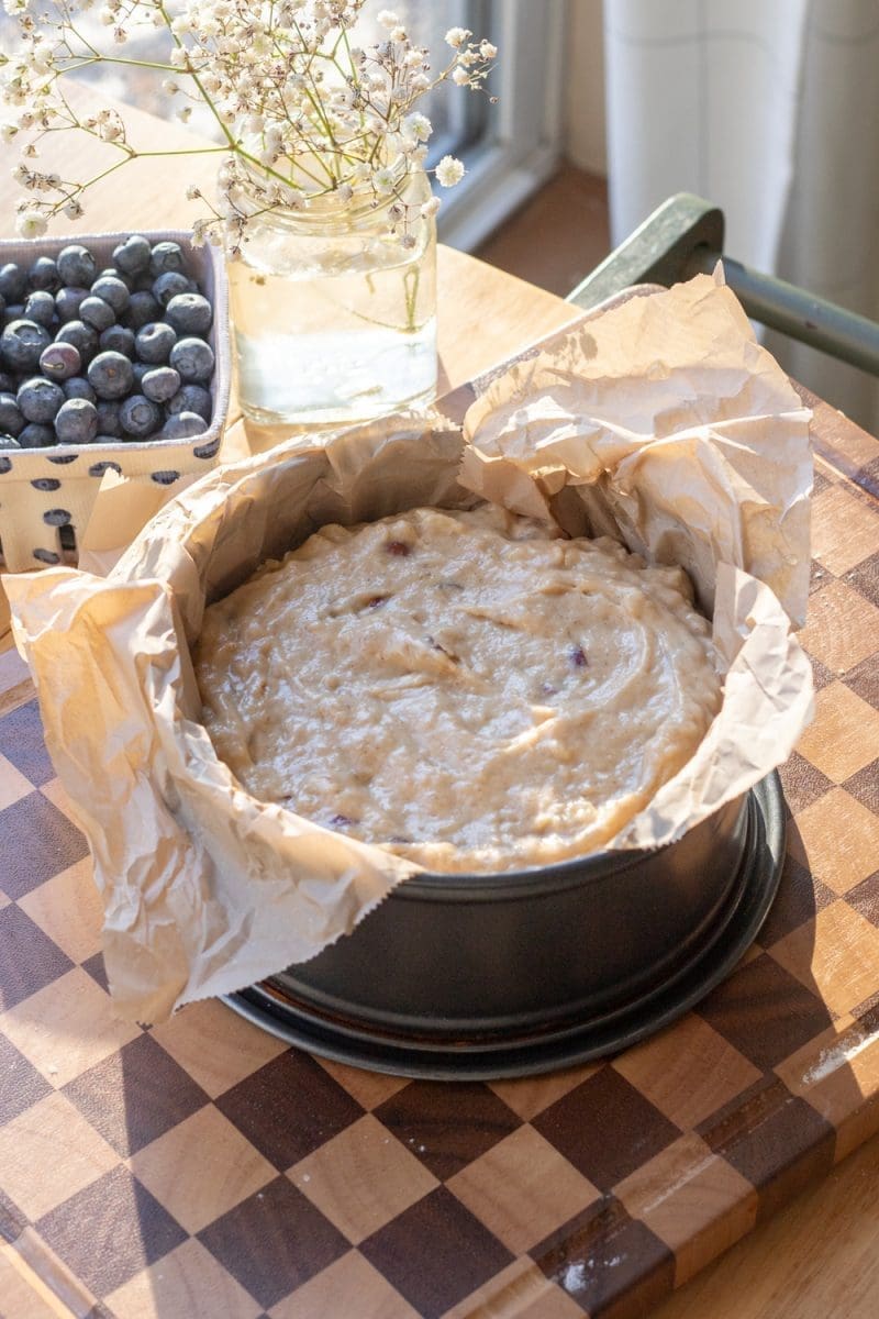 The banana cake batter in the pan prior to baking.
