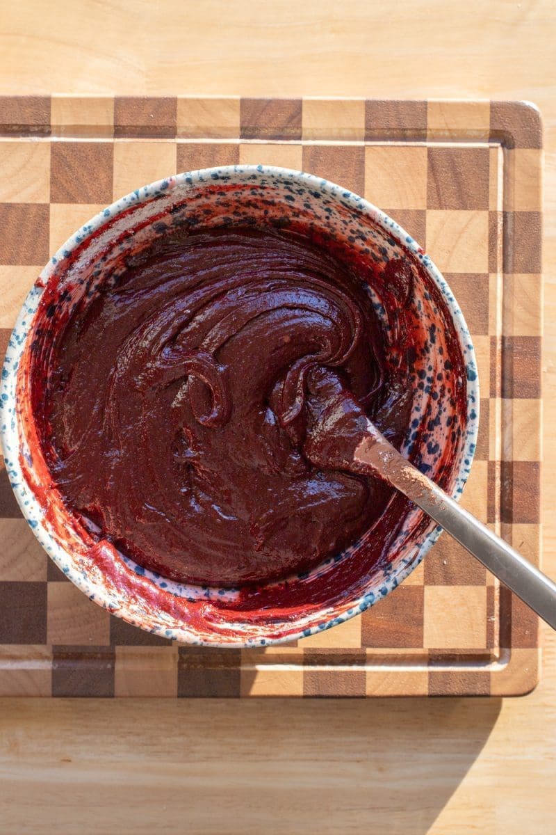 The finished brownie batter in the mixing bowl.