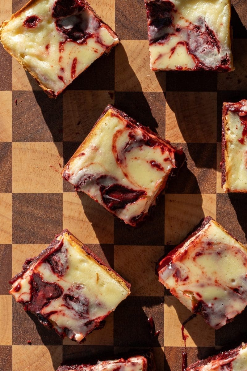 Sliced small batch red velvet cheesecake brownies.