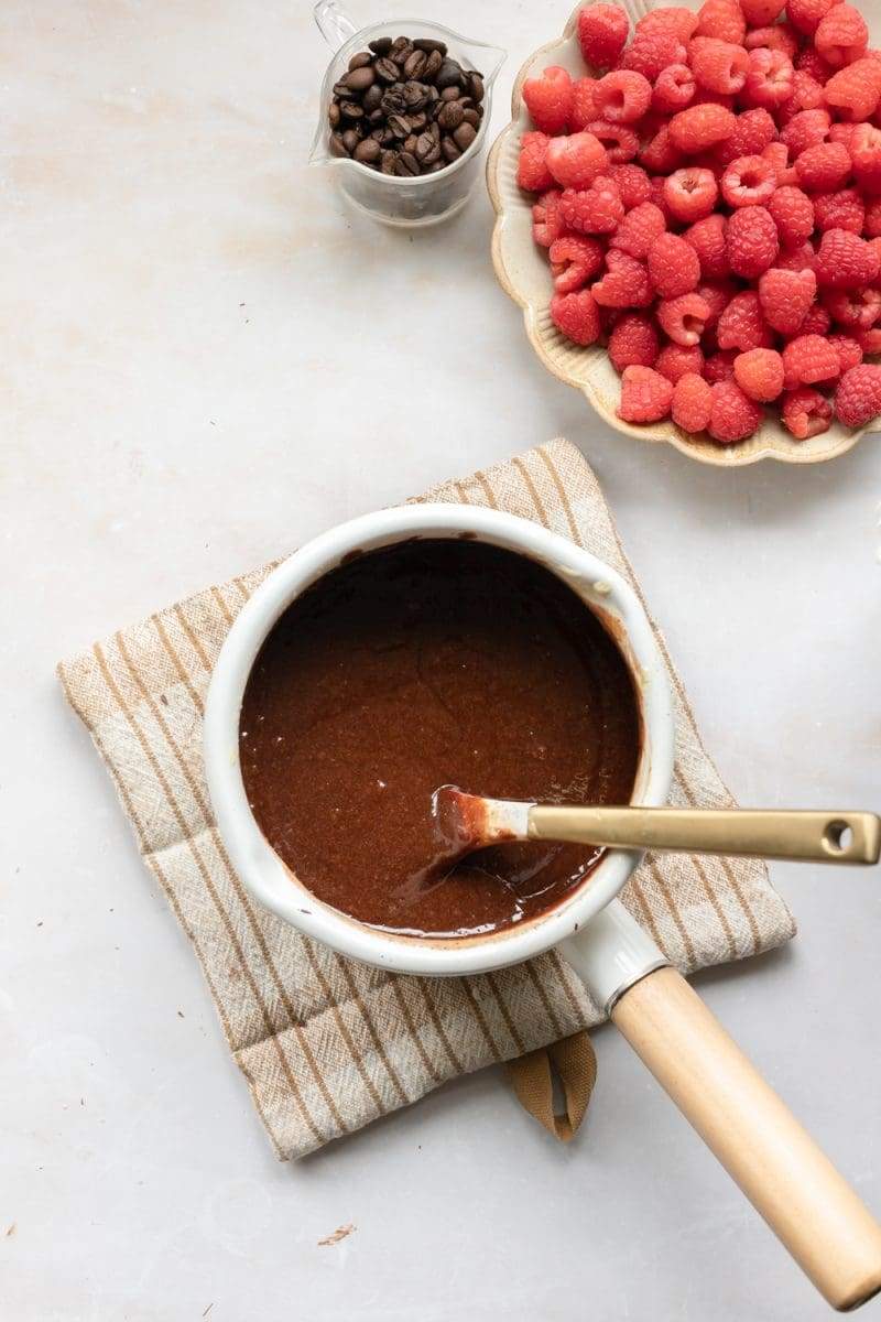 The chocolate pudding mixture in a saucepan.