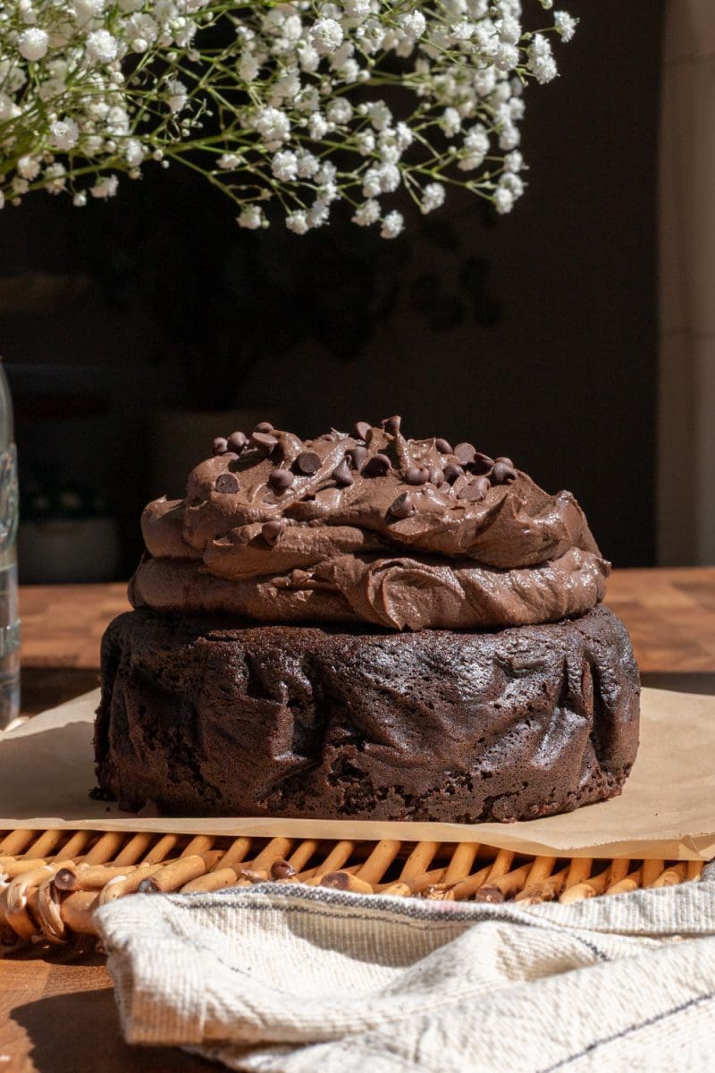 Close up of the frosted small batch chocolate cake.