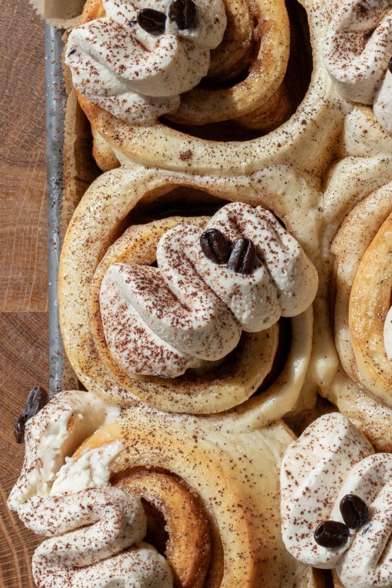 Close up of tiramisu cinnamon rolls.