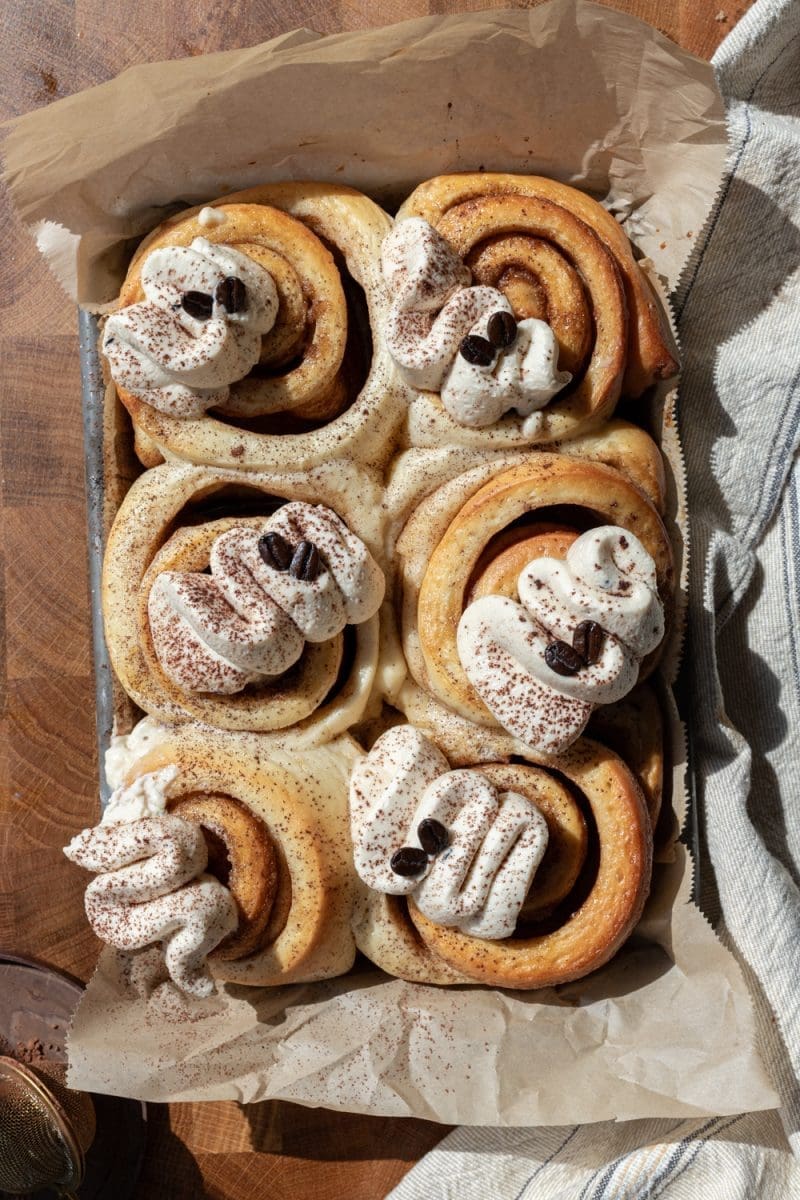 Frosted tiramisu cinnamon rolls.
