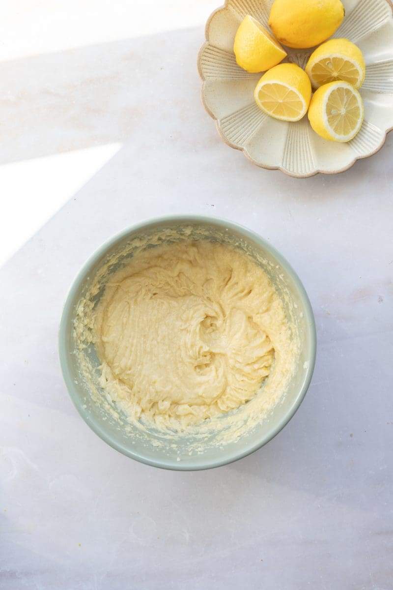 The batter in the mixing bowl after beating in the eggs and vanilla.
