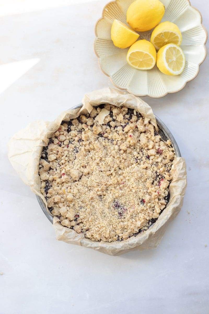 The cake layered up in the prepared cake pan prior to baking.