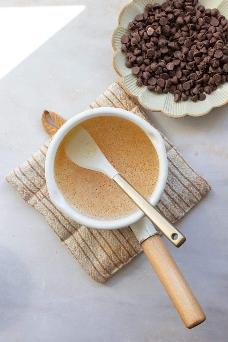 The brown butter in a saucepan.