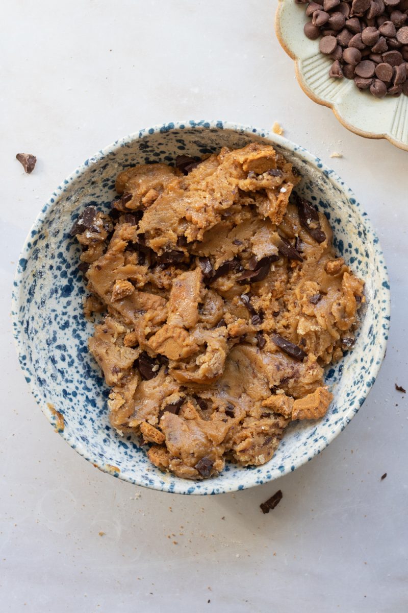 The finished cookie dough in the mixing bowl.