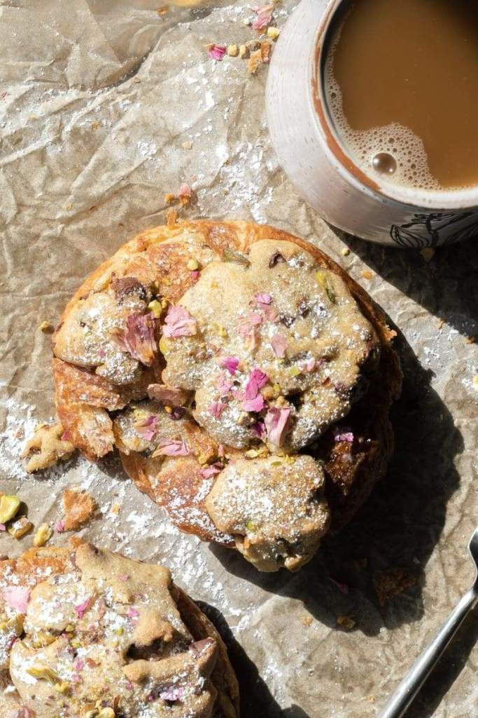 close-up of the pistachio rose cookie croissant