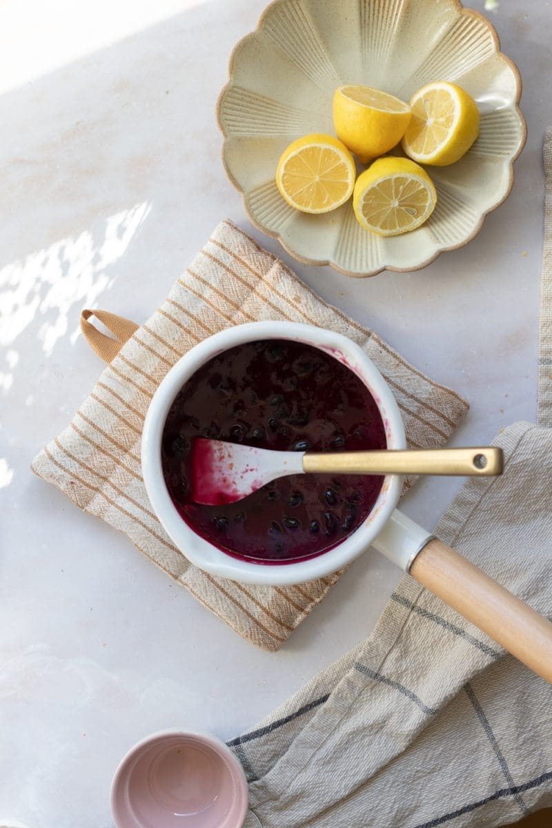 The blueberry curd in a saucepan.