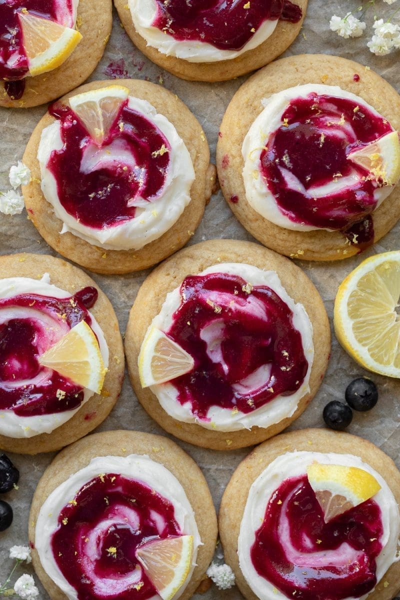 flat lay of the 8 lemon blueberry cookies