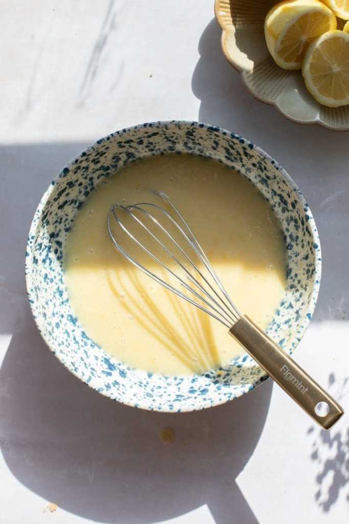 All the wet ingredients whisked together in a mixing bowl.