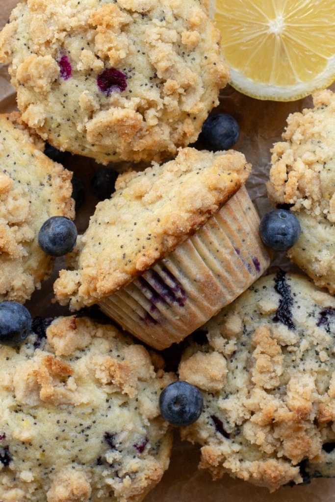 Close up of the lemon blueberry poppy seed muffins.