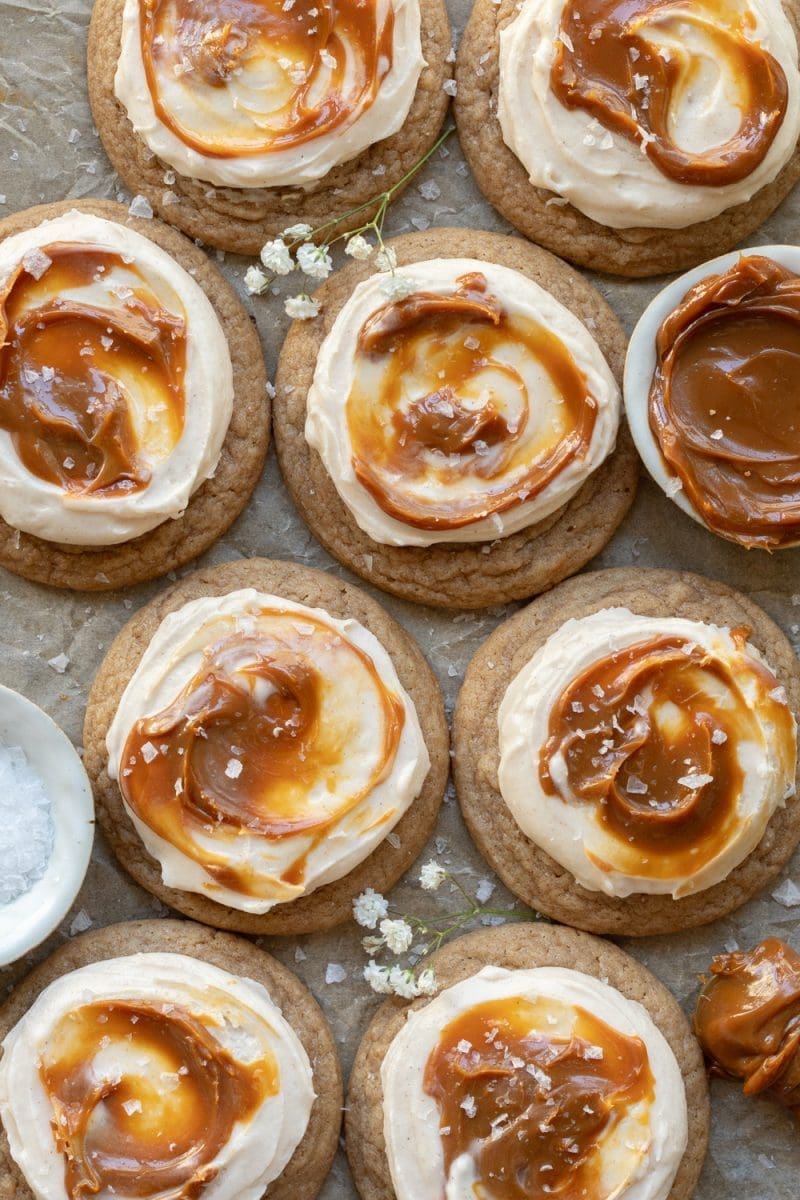 Flat lay of the dulce de leche cookies on a baking tray