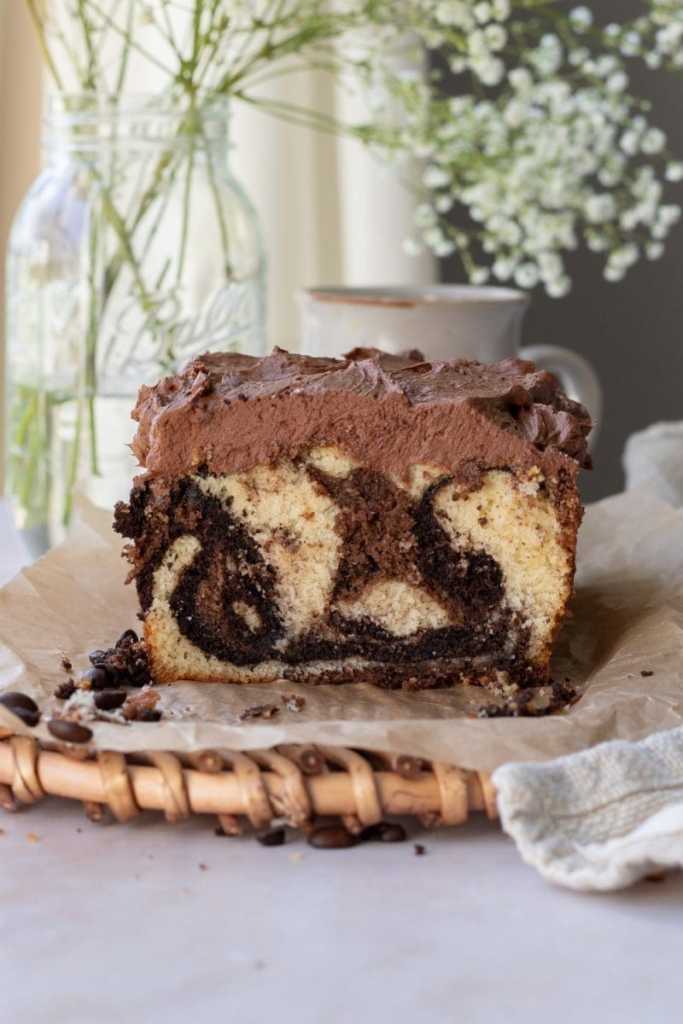 Close up of the espresso marbled loaf cake, sliced to see the cross-section