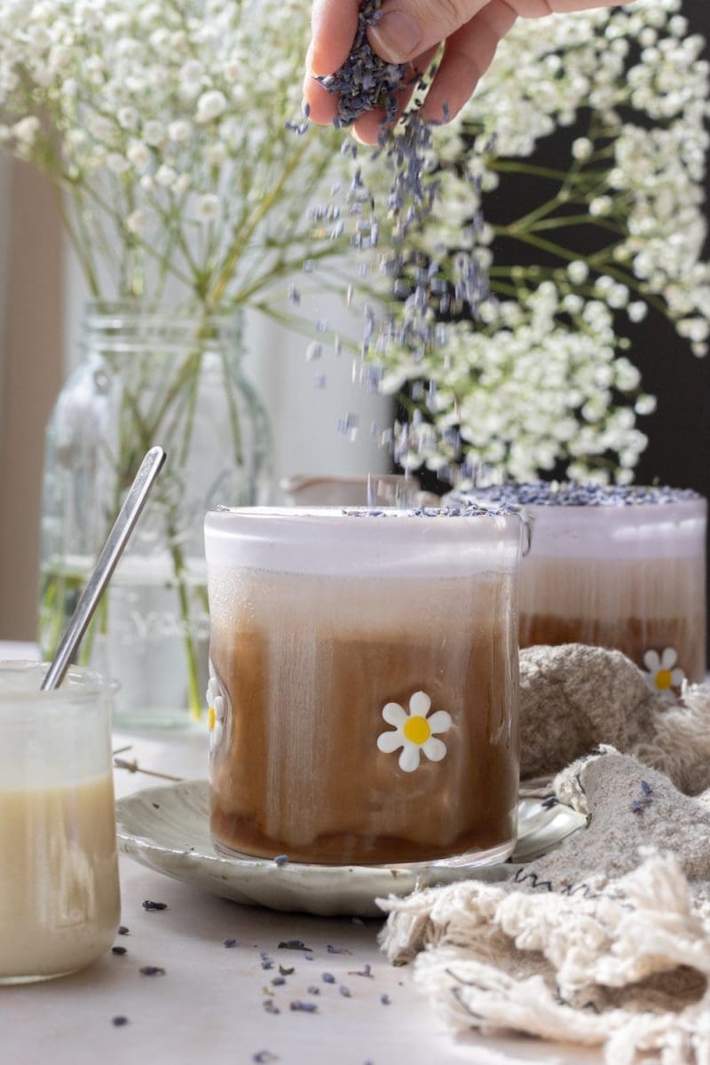 Sprinkling edible lavender on to the top of the white chocolate lavender iced coffee.