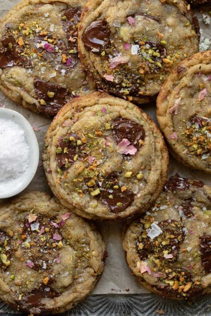 Flat lay of the pistachio chocolate chip cookies.