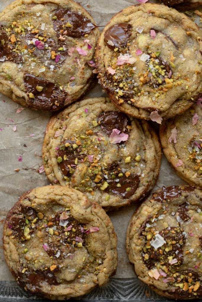 Flat lay of the pistachio chocolate chip cookies.