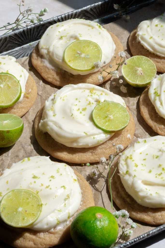 Angled view looking at the key lime cheesecake cookies