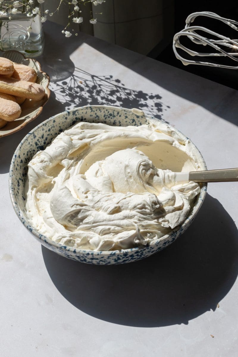 The mascarpone cream in a mixing bowl.