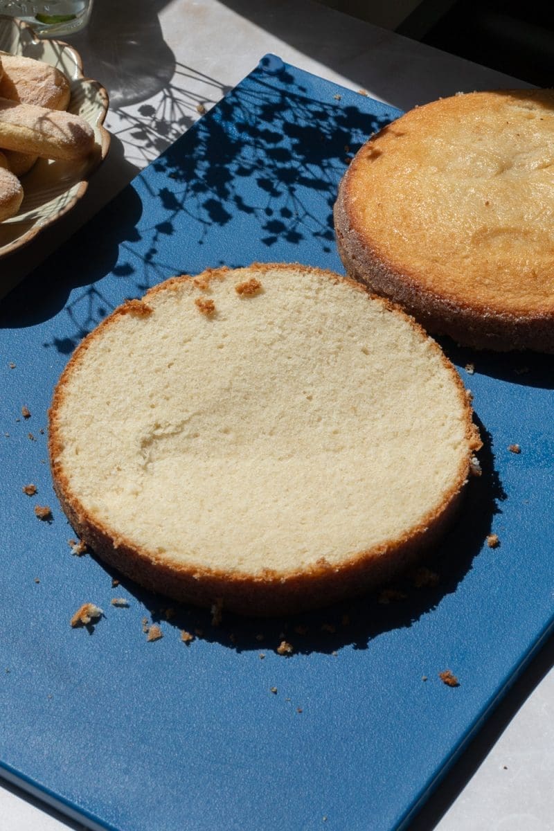 The cake sliced in half.