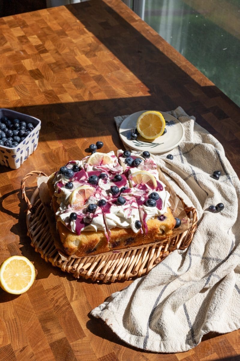 Angled view of the lemon blueberry sheet cake.