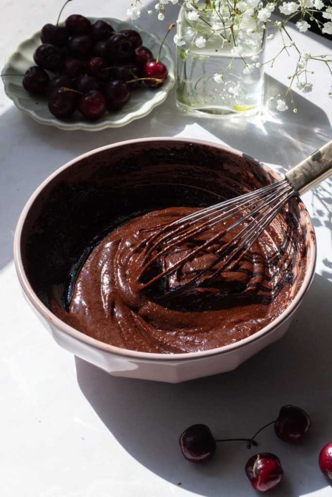 The mixing bowl after whisking in the egg and sugar.