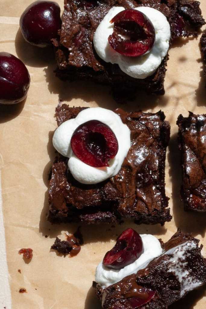 Close up of a black forest brownie.