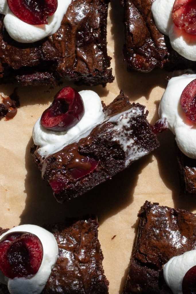 Close-up of the cross section of the black forest brownies