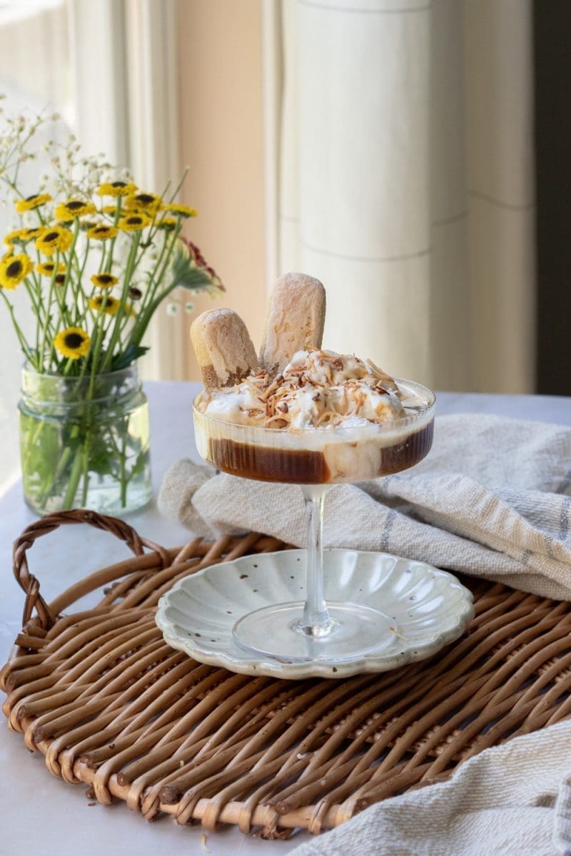 Garnished salted caramel affogato.