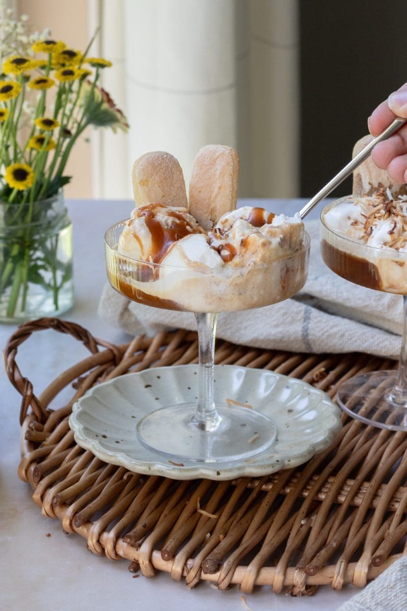 Taking a spoon of the salted caramel affogato.