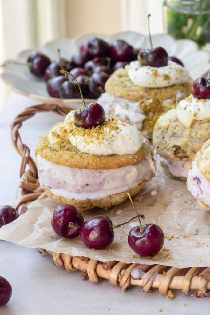 A close up of the pistachio cookie ice cream sandwiches