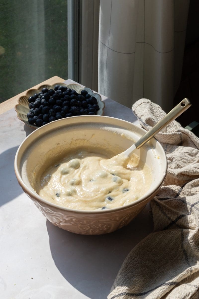 The mixing bowl with the finished cake batter.