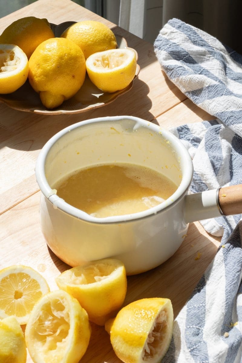 The lemon curd in a saucepan, prior to cooking.