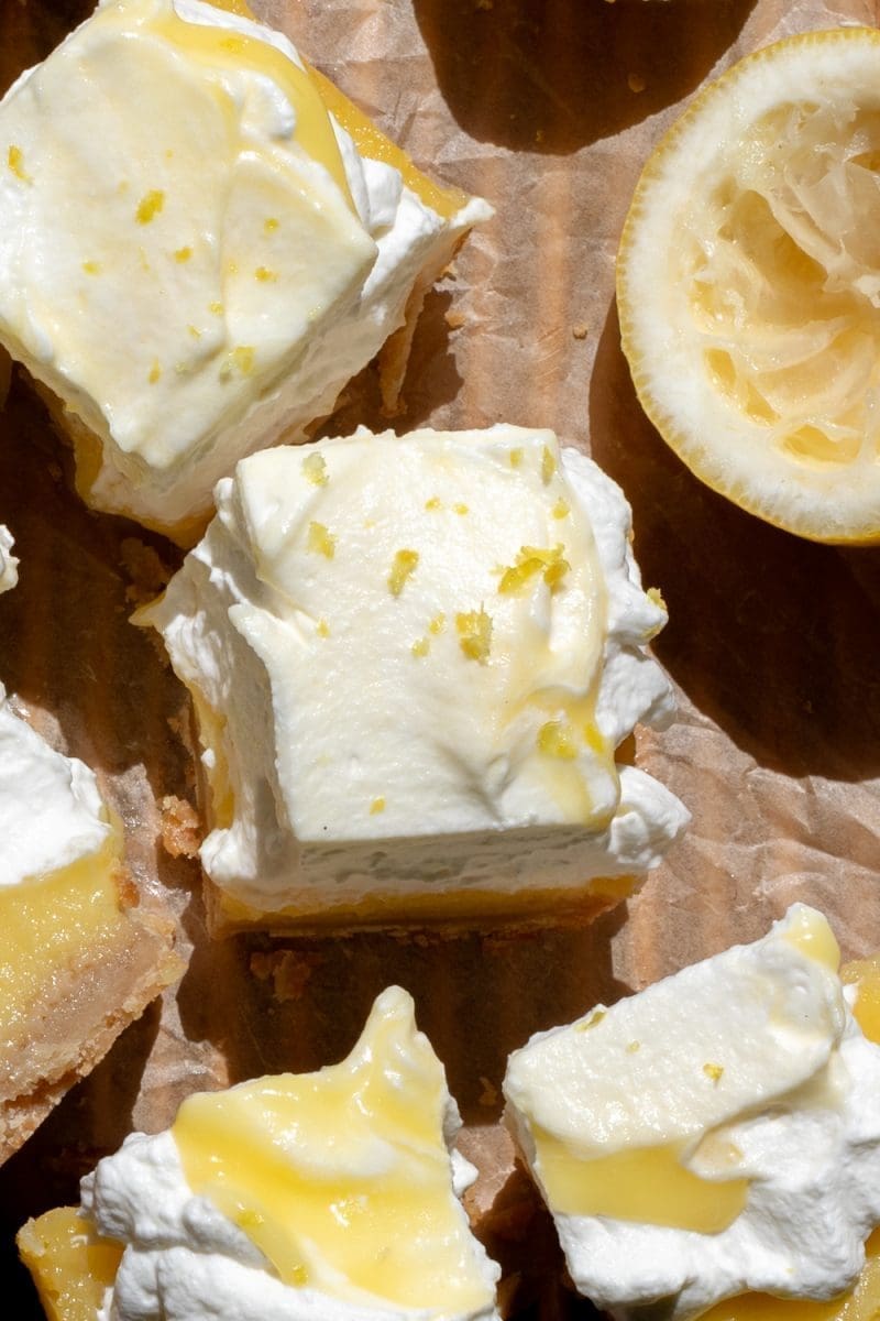Close up of a lemon bar slice.