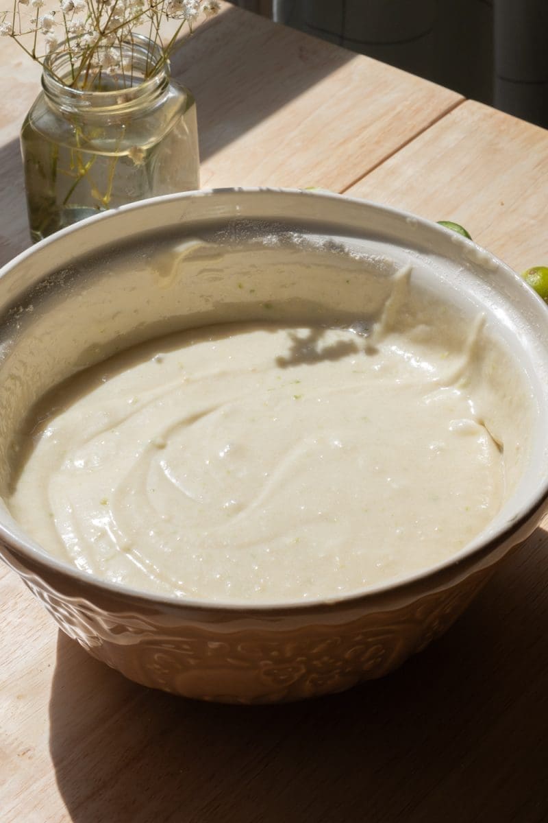 The finished cake batter in a mixing bowl.