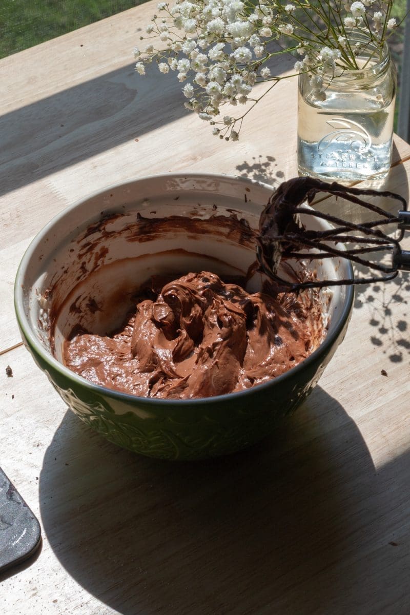 The cheesecake mixture after beating in the chocolate and sour cream.