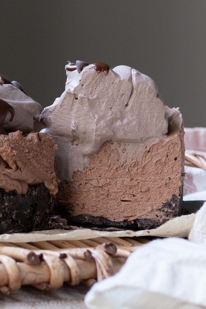 Close up of a slice of the mini no-bake chocolate cheesecake
