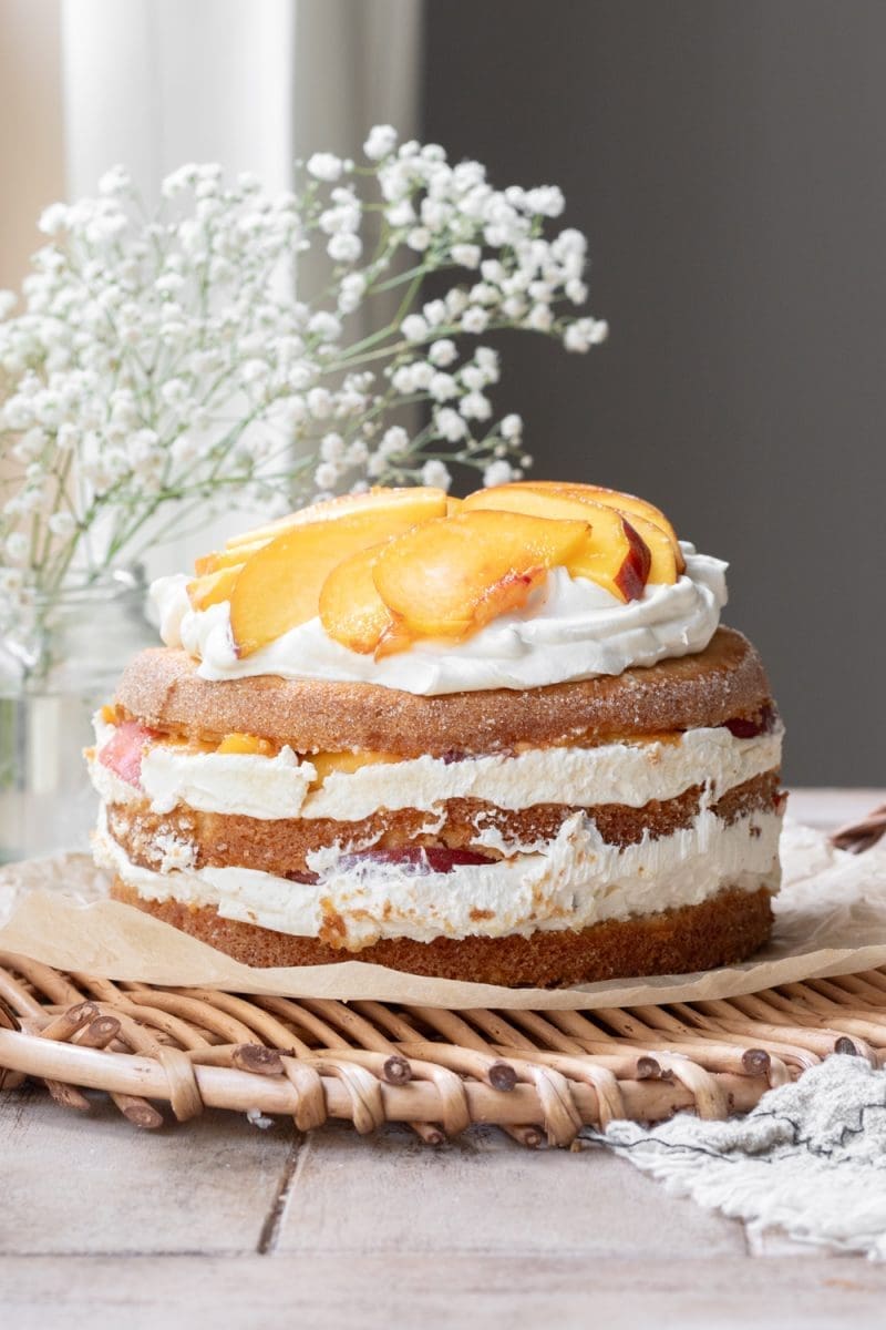 Full view of the peaches and cream cake.