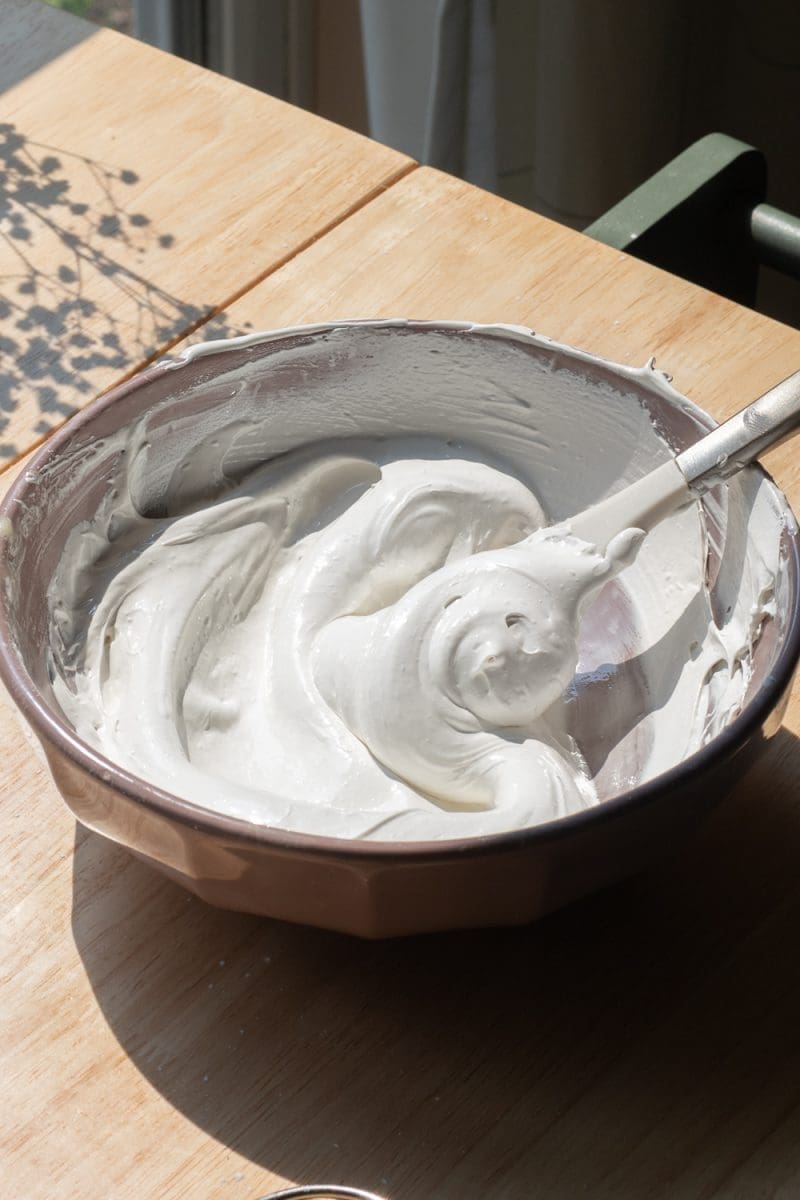 The swiss meringue in a mixing bowl.