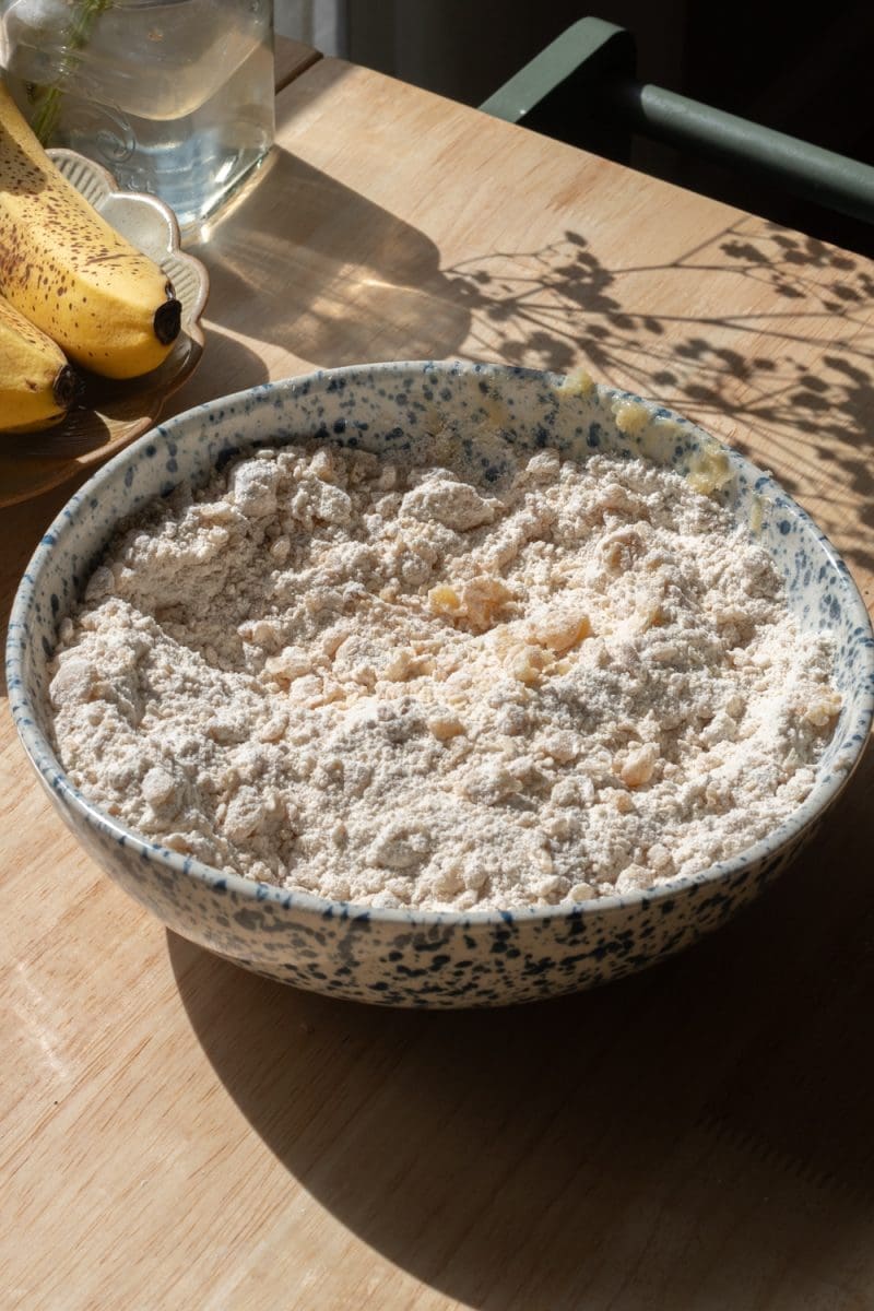 The dry ingredients and butter combined in a mixing bowl.