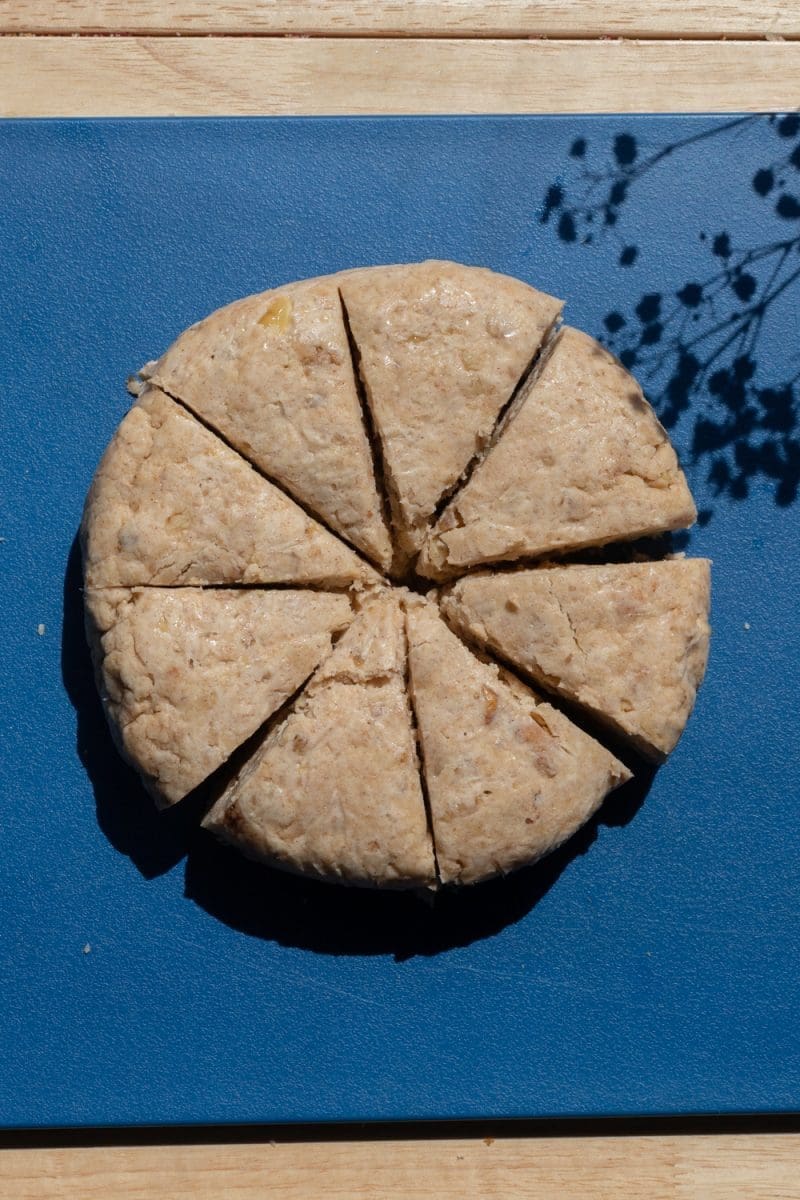 The scone dough split into 8 triangles.