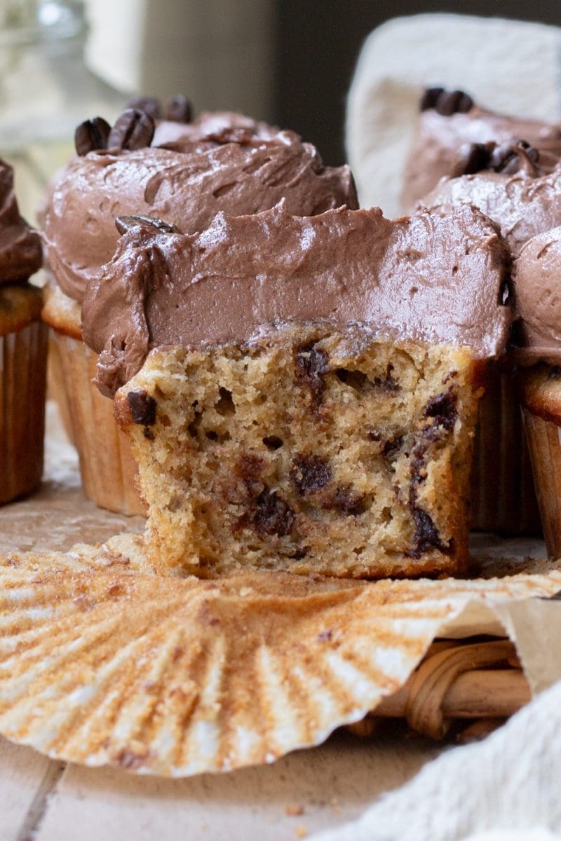 Close up of the cross-section of the mocha banana cupcakes.