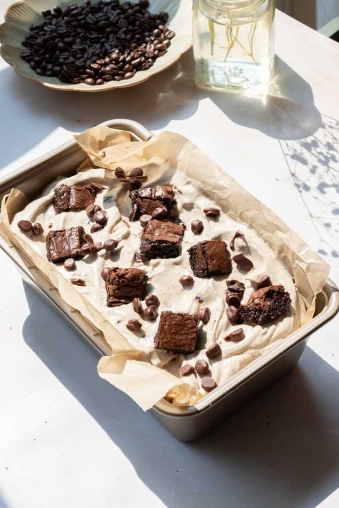 The finished no-churn coffee ice cream in a loaf pan.