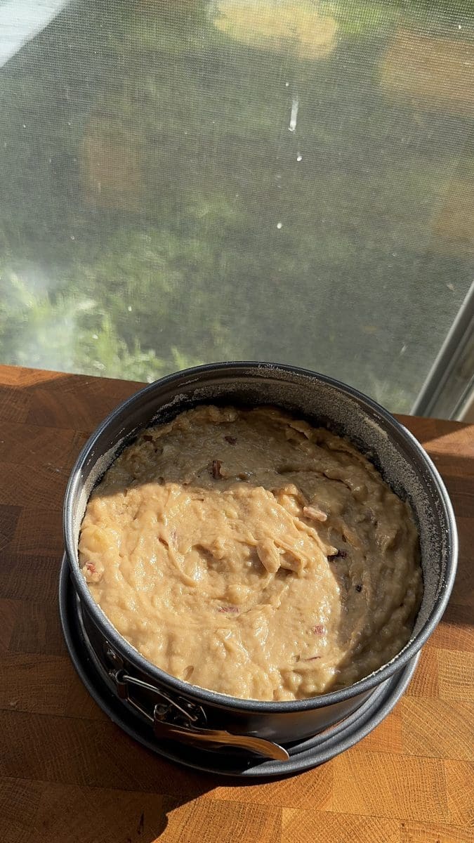The cake batter in a springform pan.