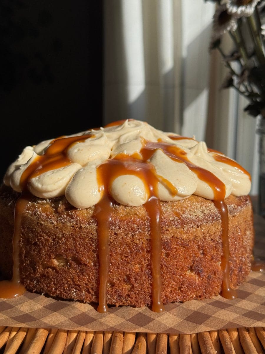 Close up of the frosted salted caramel banana cake.