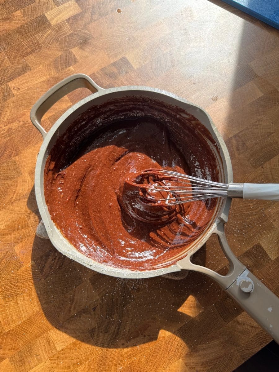 The chocolate egg mixture in a saucepann.
