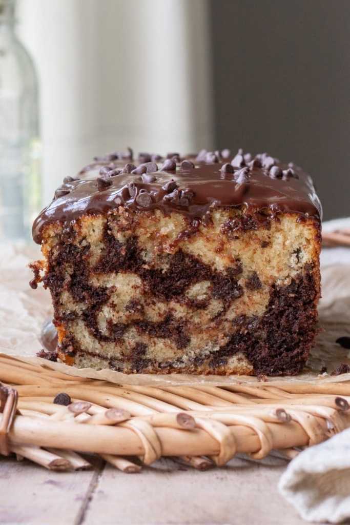 Close up cross section of the marbled chocolate chip loaf cake