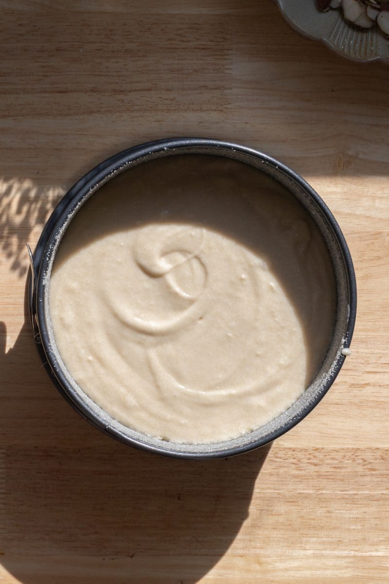 The cake in a springform pan, before baking