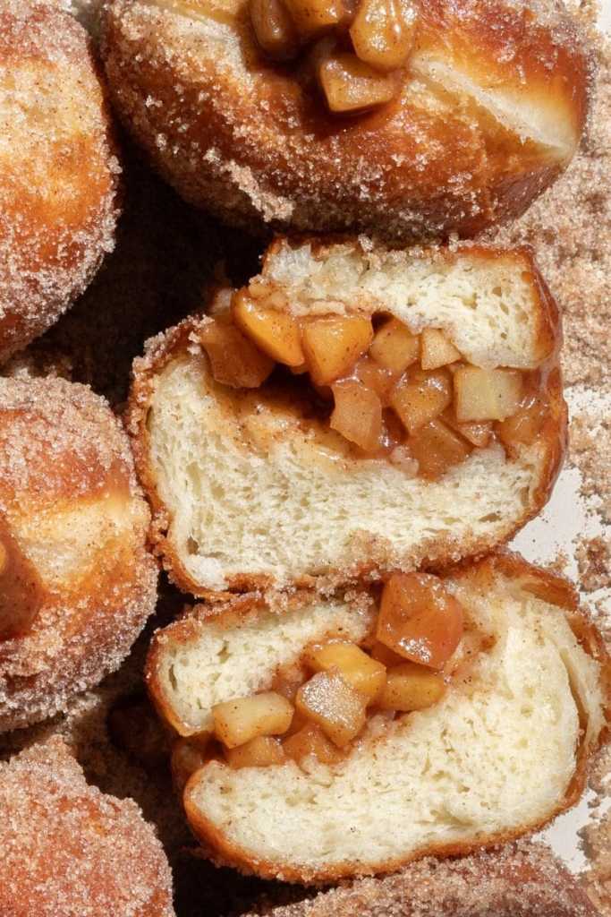Close up of the cross section of the apple pie brioche donuts.